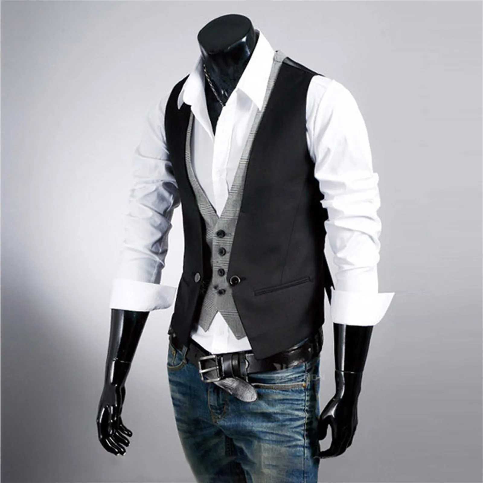 Fake 2 Pieces Men\'s Vest Jackets Business Wedding Party Slim Formal Waistcoats Gentleman Sleeveless Chalecos Para Hombre Khaki