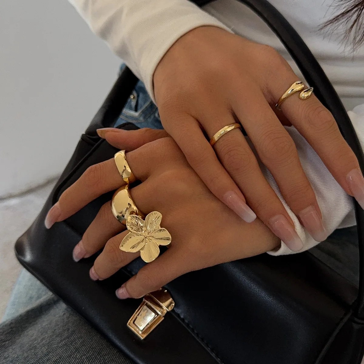 Metallic flower round three-piece open ring light luxury index finger ring niche jewelry