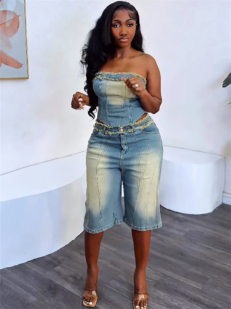 Denim Vintage Women 2 Piece Set Summer Pleated Trim Strapless Zip-up Tanks+High Waist Mid-calf Shorts Female Street Outfit