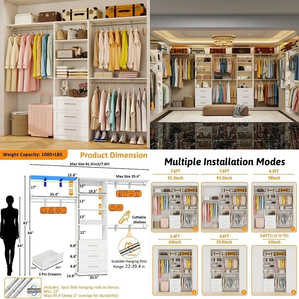 System with Drawers, 5FT8FT Closet Organizer System with 3 Side Top ShelvesCuttable amp 3 Expandable Hanging Rods, Walk in Clos