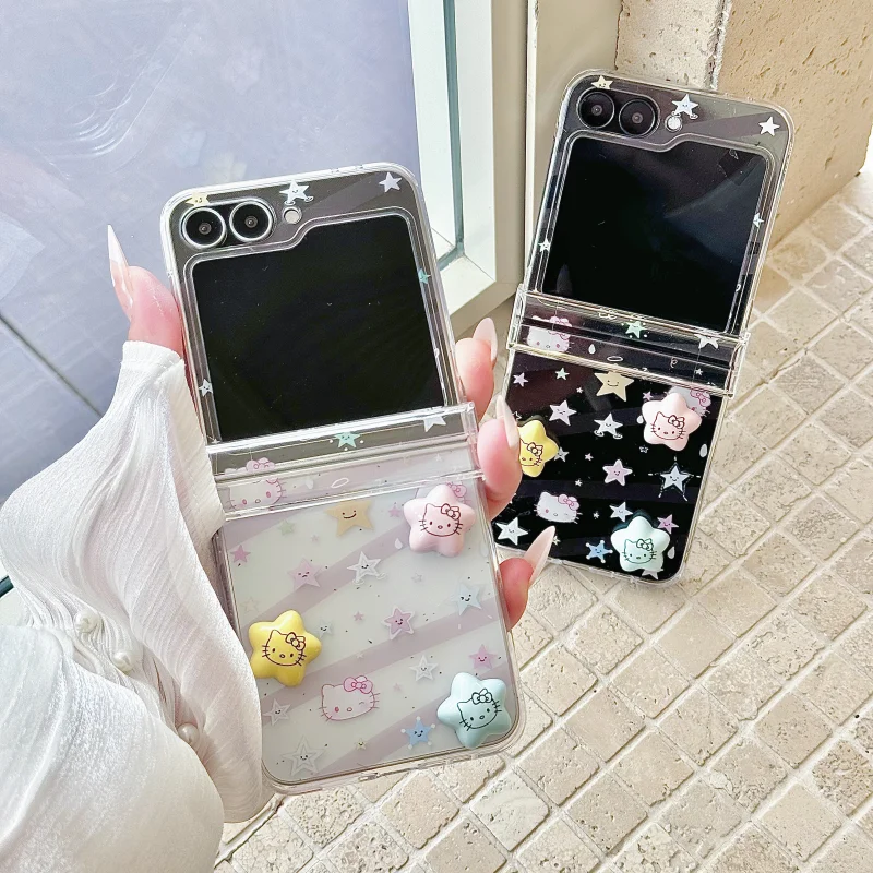 

Cute Cartoon colorful Hello kitty Cat Folding Phone Case For Samsung Z Flip 6 Z 3 4 5 6 7 3D solid Y2k kitty shockproof Cover