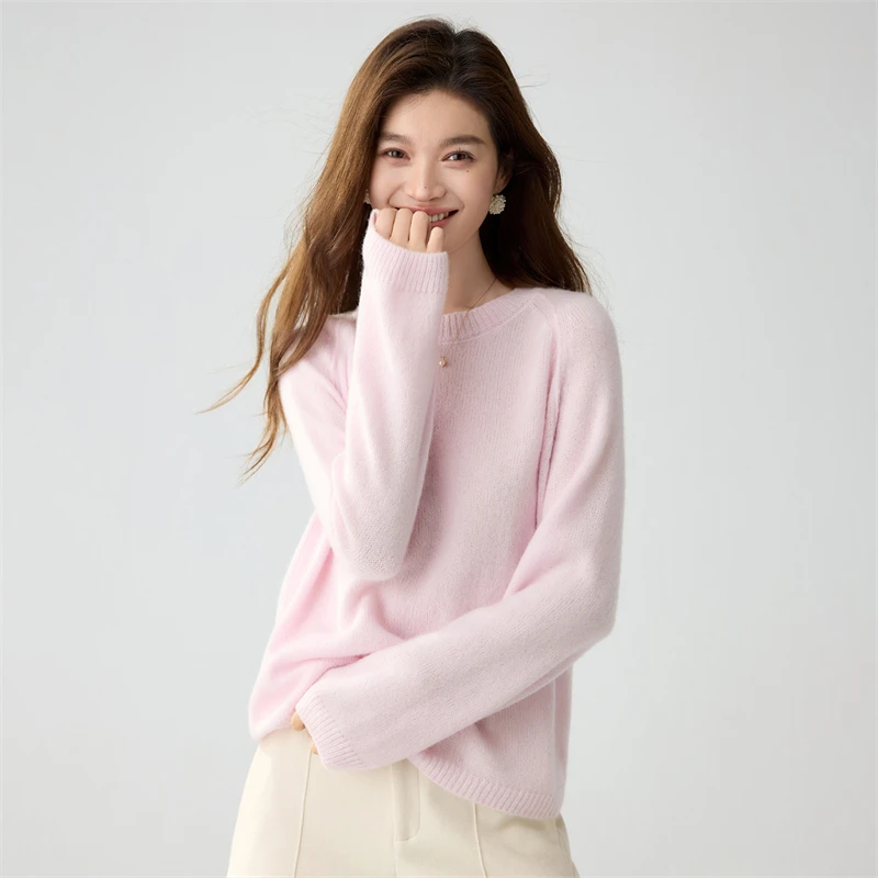 Autumn Winter Women's 100%Cashmere Pullover Sweater O-Neck Raglan Sleeve Mellow Gentle Relaxed Balanced Silhouette Knit Top