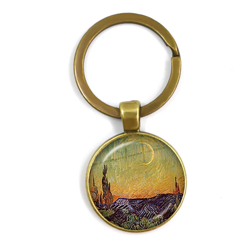 Van Gogh Almond Branch Flowering Art Keychian Sunflowers Art Vintage Bronze Glass Cabochon Key Rings Holder For Women Men Gift