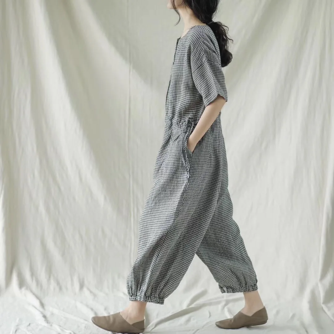 

Oversized Piaysuit Casual Jumpsuit Cotton Linen Plaid Loose Short-sleeved Jumpsuit Summer Clothes Jump Suits for Women J172