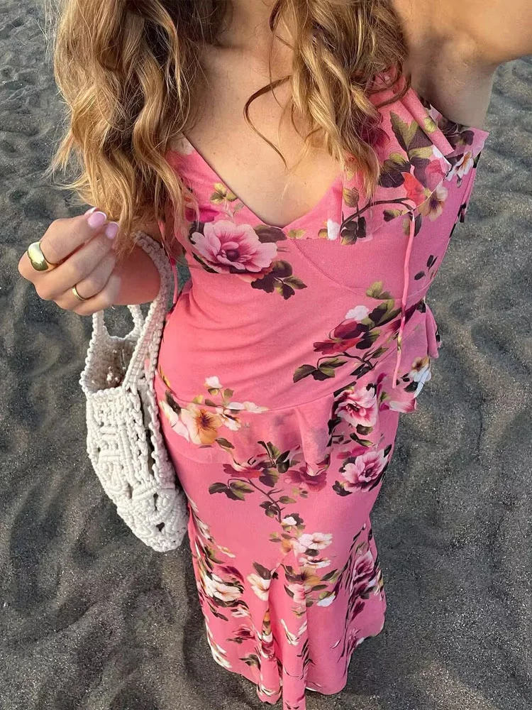 HH Vrouwen Zomer Bloemen Prints V-hals Mouwloos Asymmetrie Versieren Top + Mode Hoge Taille Geplooide Lange Rok 2-delige Set