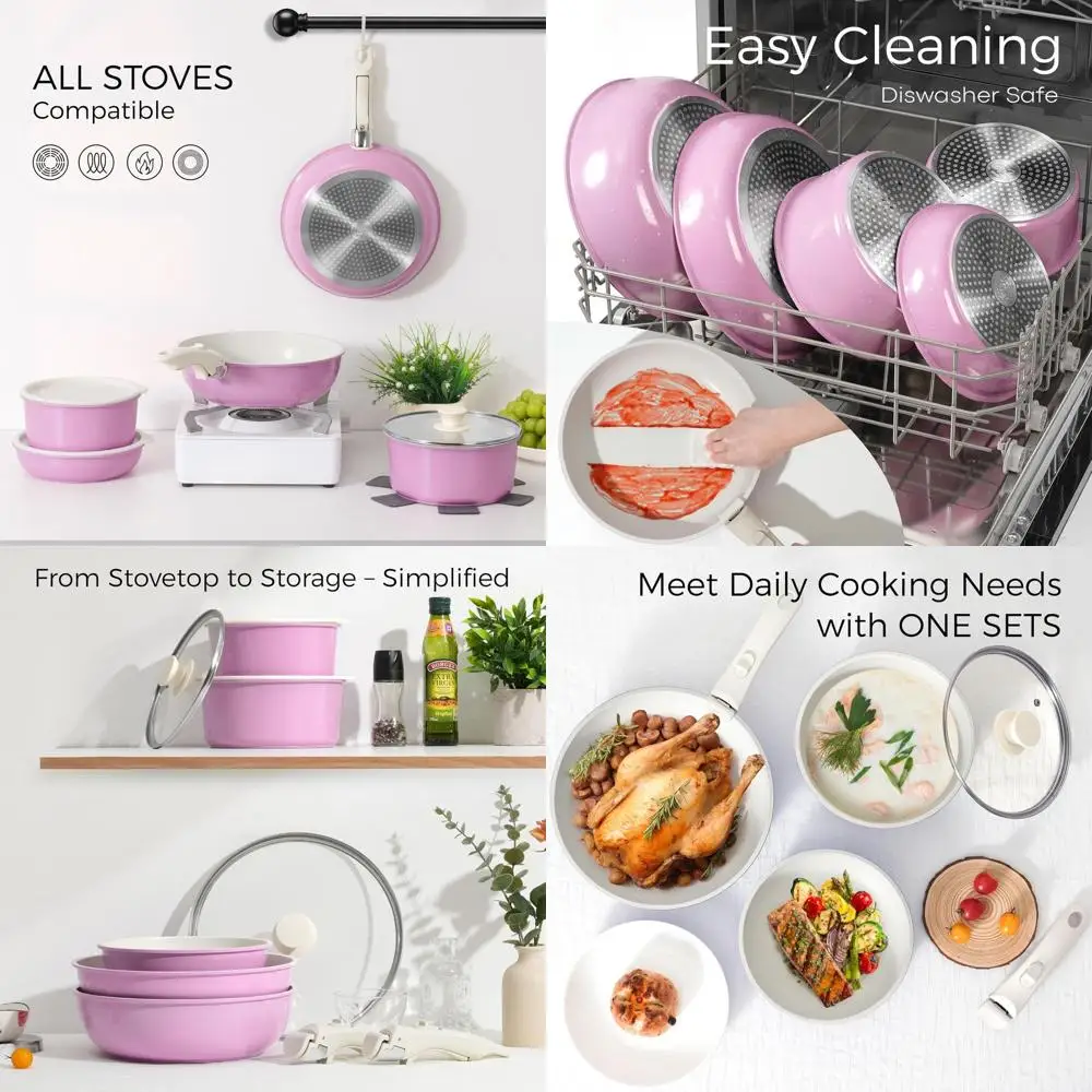 

15-Piece Non-Stick Detachable Handle Cookware Set, Stackable Induction Cookware, Oven Safe, Pink