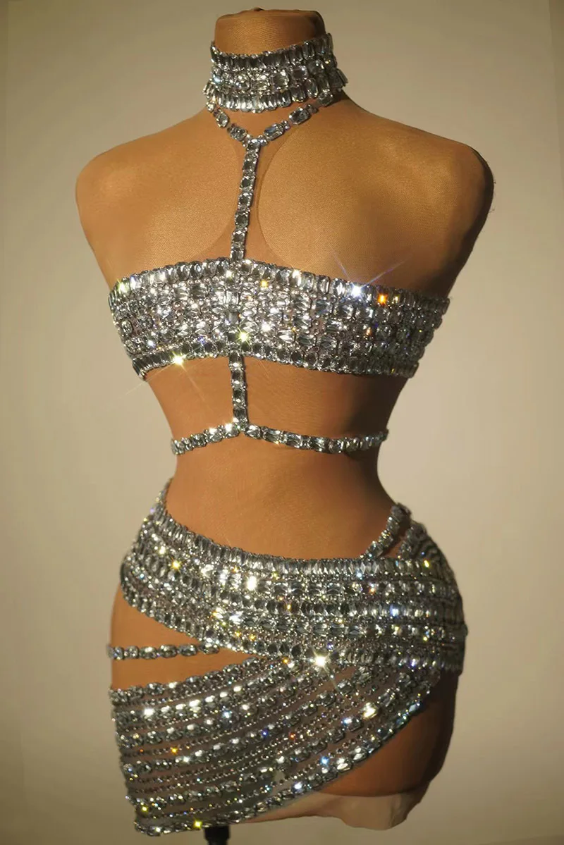 Sparkly Diamonds Short Dress for Women Sexy Party Celebrate Birthday Dress Photo Shoot Performance Stage DJ Singing Costumes