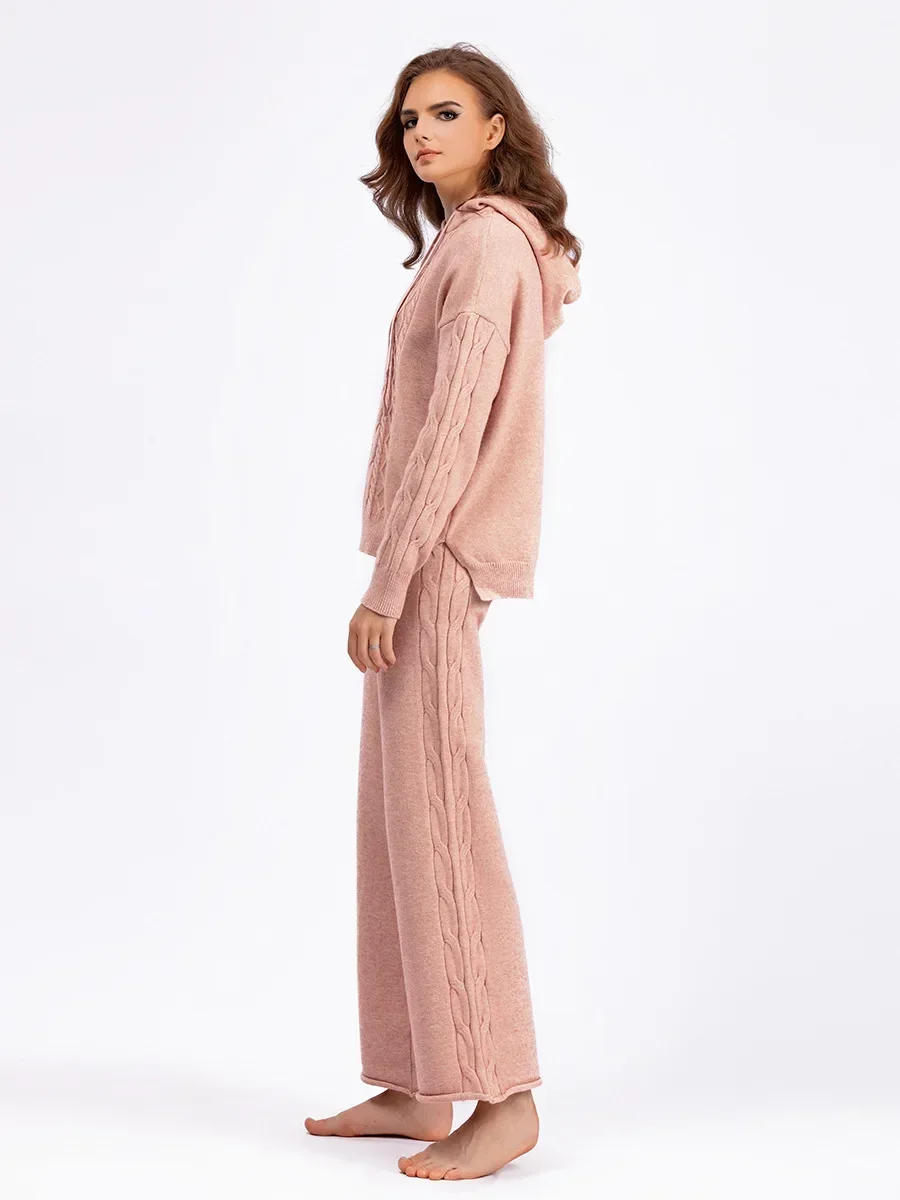 Inverno engrossar camisola de malha com capuz para conjunto de agasalho feminino cor sólida camisola calças elásticas ternos de malha conjunto de duas peças