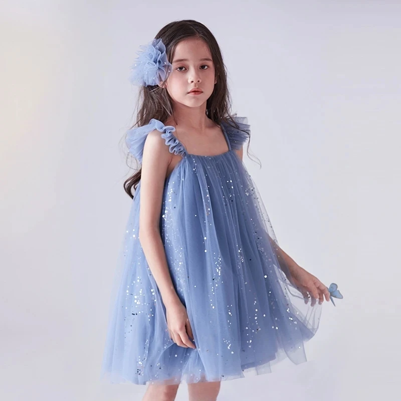 Dress for Girl Summer Tulle Suspender Sequin New Birthday Princess Dress Ruffles Elegant Children Party Vacation Casual Vestidos