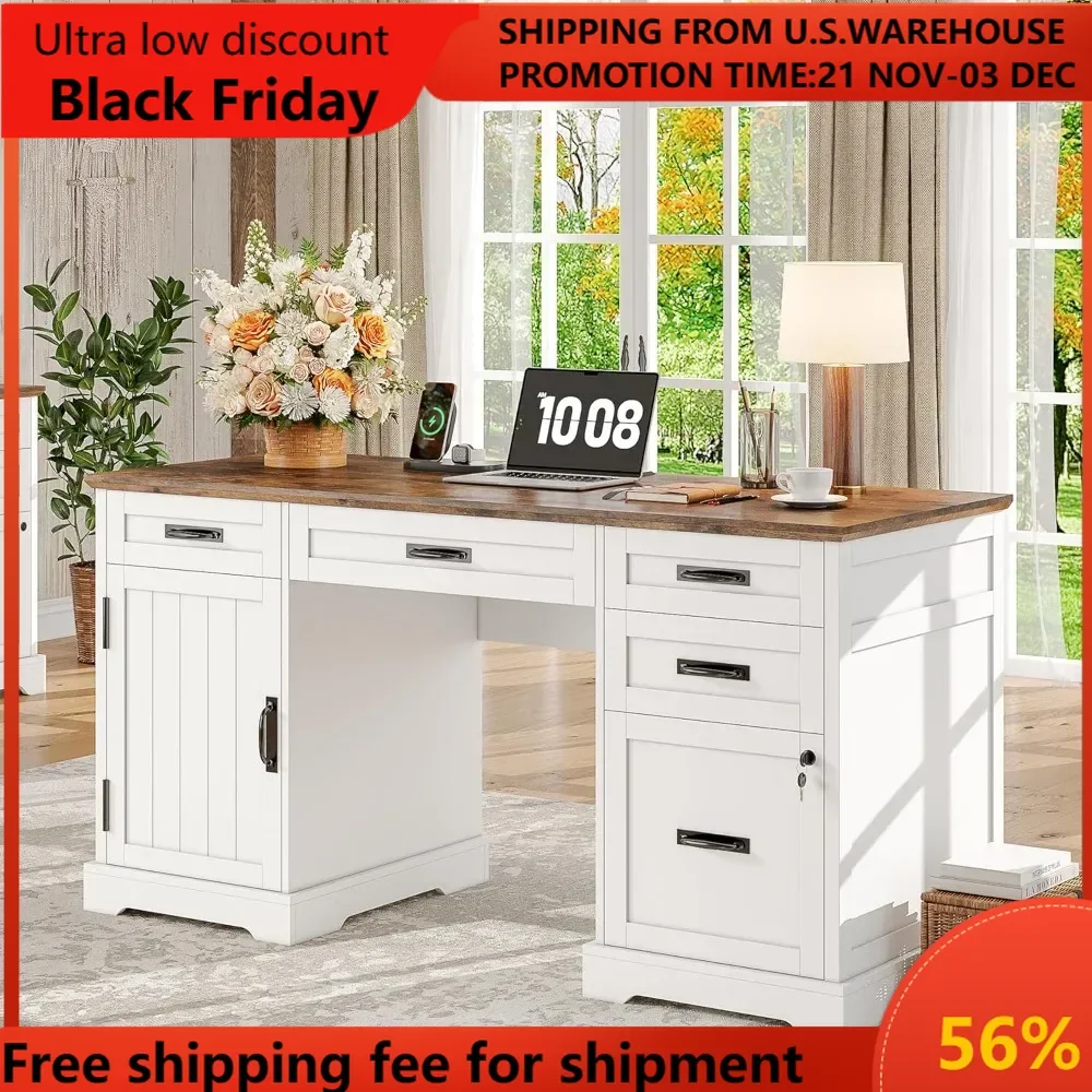 

Executive Desk with Drawers, 55'' Farmhouse Desk Wooden, Home Office Computer Desk with File Cabinet and Charging Station, White