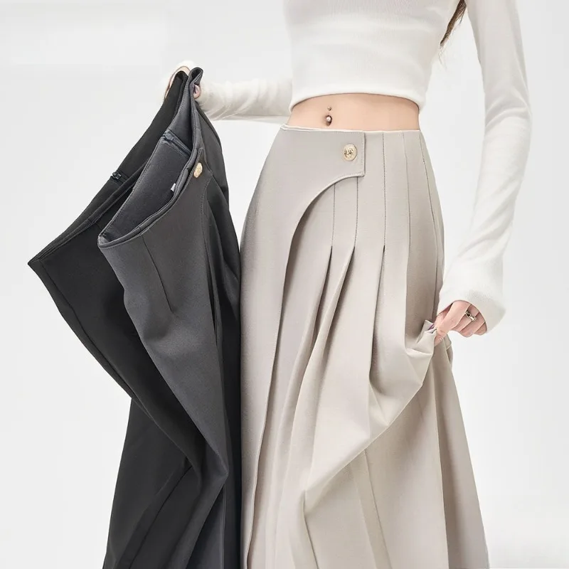 

Autumn Elegant Pleated Women Wrap Umbrella Long Skirts 2025 New Single Button High Waist Korean Office Loose A-line Skirt Female