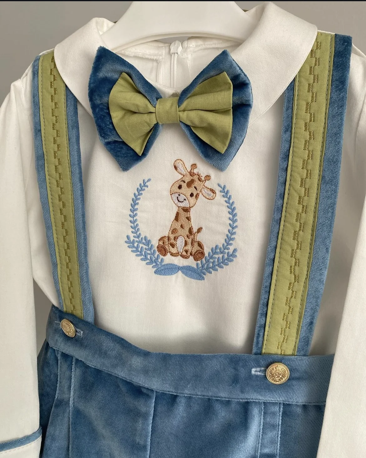 Baby Boy Set Autumn Winter Blue Velvet Giraffe Embroidery Vintage Suit for Eid Causal Party Birthday Christmas