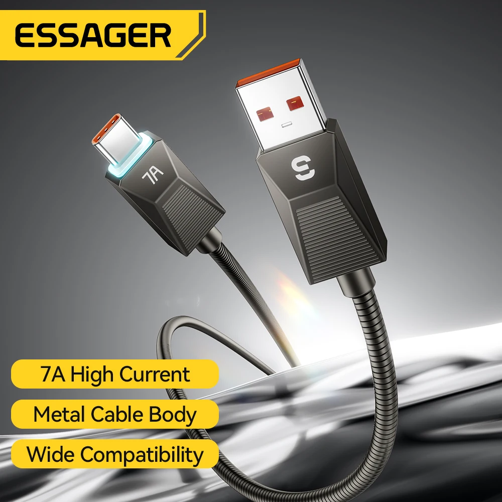 Essager 7A USB Type C Cable For Huawei Honor Samsung OnePlus OPPO vivo Xiaomi 15 100W/88W Stainless Stee Fast Charging Data Wire