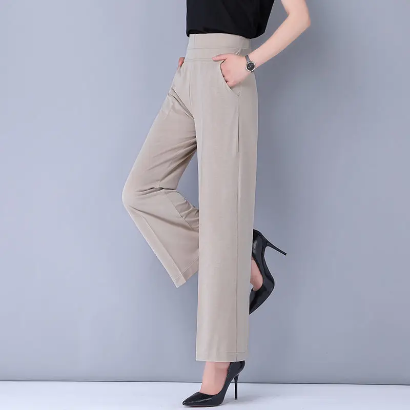 Office Lady Fashion Loose Solid Wide Leg Pants Women Spring Autumn High Waist Elastic Casual Big Size Straight Trousers 2023 New