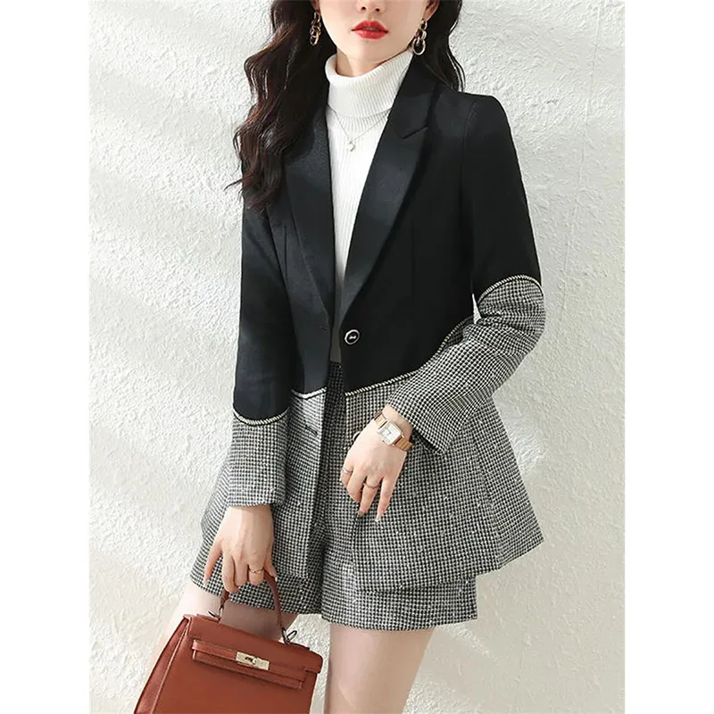 Contrasting Color Blazer Jacket Female 2024 New Spring And Autumn Two Piece Set Design Sense Niche Stitching Suit+Shorts Suit