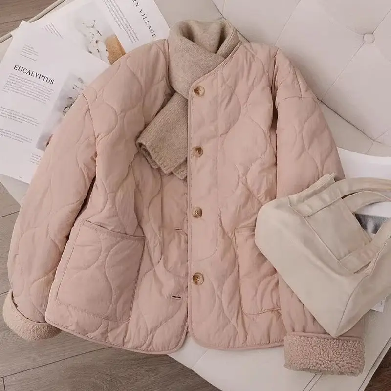 Women's 2026 Autumn Winter New Loose Round Neck Argyle Quilted Puffer Jacket Pink Faux Shearling Thick Warm Chic Coquette