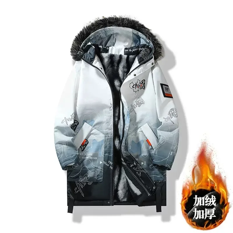 Winter Trendy Printed and Plush Thick Warm Long Cotton Jacket For Men's Casual Loose Sports Plus Large Size High-Quality Jacket