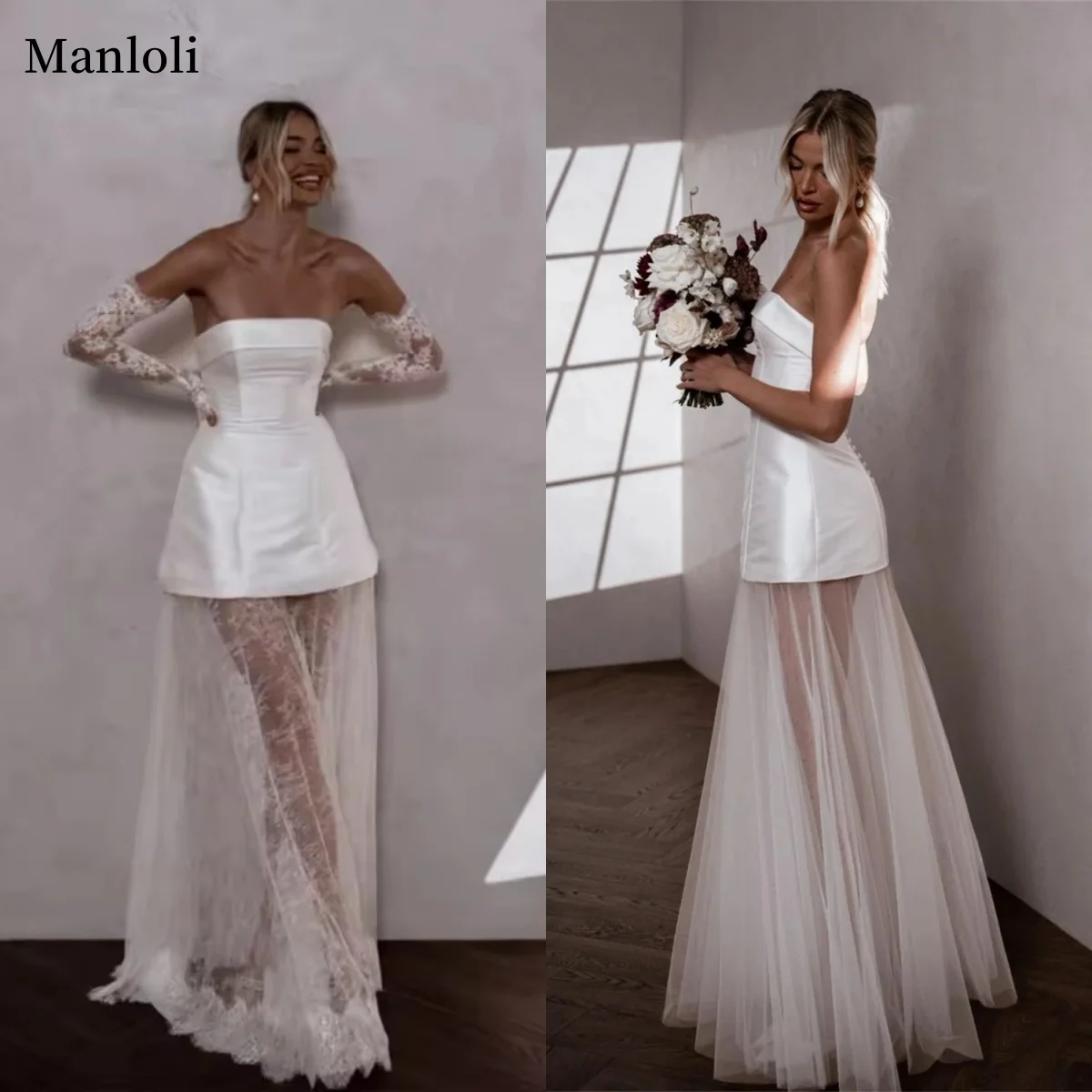 

Strapless Simple White Satin Wedding Dress Detachable Long Lace Tailored Sleeveless Beach Wedding Dress Customization