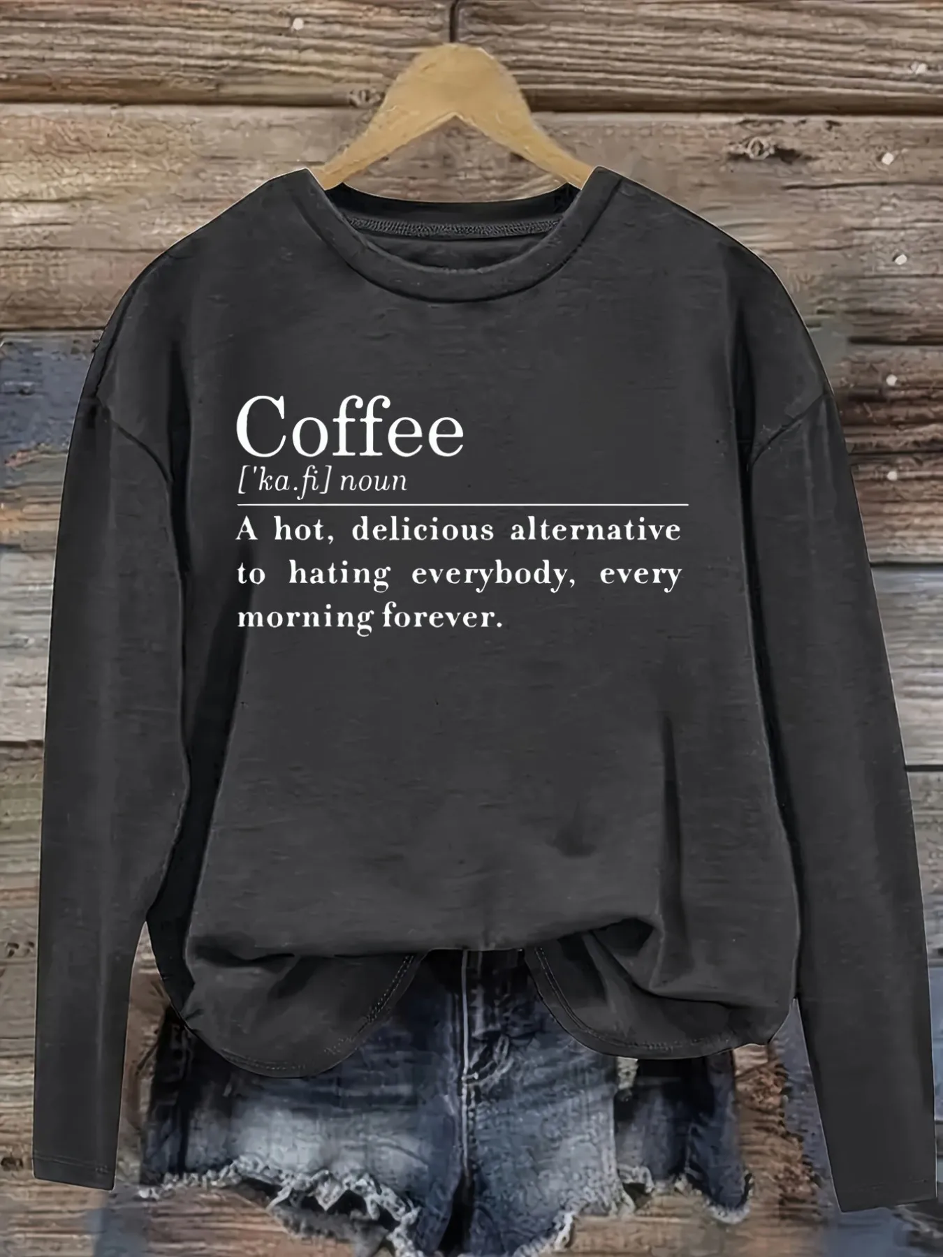 Women's Casual Long Sleeve Crew Neck T-Shirt Coffee Definition Funny Quote Print Design, Round Neck Women's Clothing, Machine Washable, Slightly Elastic, Loose Fit, Spring Autumn Winter Women's T-Shirt, Halloween Costume Outfit