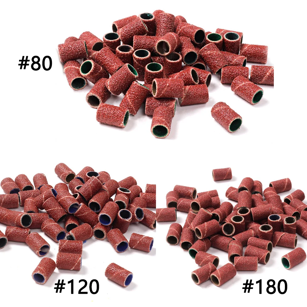 100pcs/50pcs Sanding Cap Bands For Electric Manicure Machine 180#/120#/80# Grit Nail Drill Grinding Bit Files Pedicure Tool Set