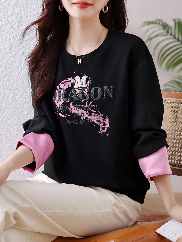 New Chinese Jacquard Long Sleeve Hoodie Women Fashion O-neck Casual Letter Printed Tops Sweatshirts Black Pullovers Girls Tide