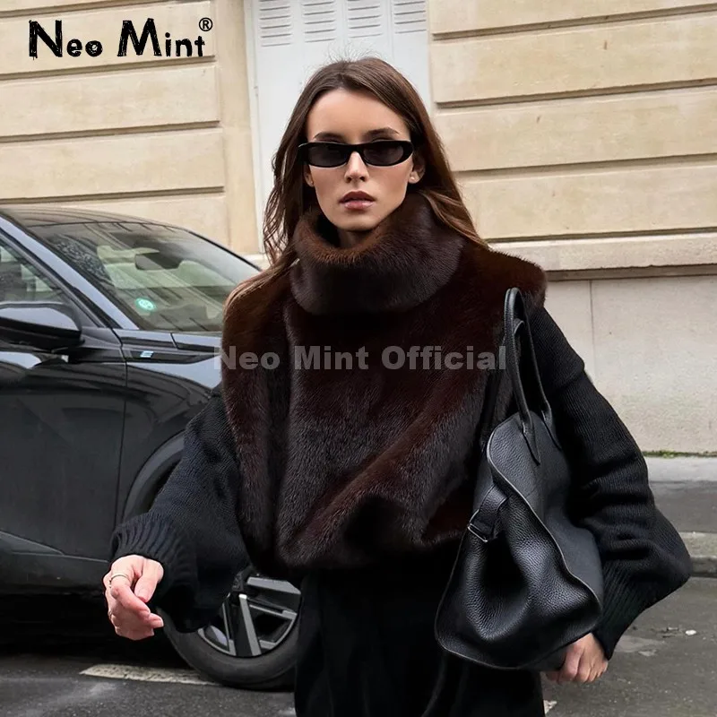 Neo Mint Eco Mink Fur Tank Top Sleeveless Jacket Coat Women 2025 Brand Fashion Faux Fur Sable Vest Crop Autumn Winter Turtleneck