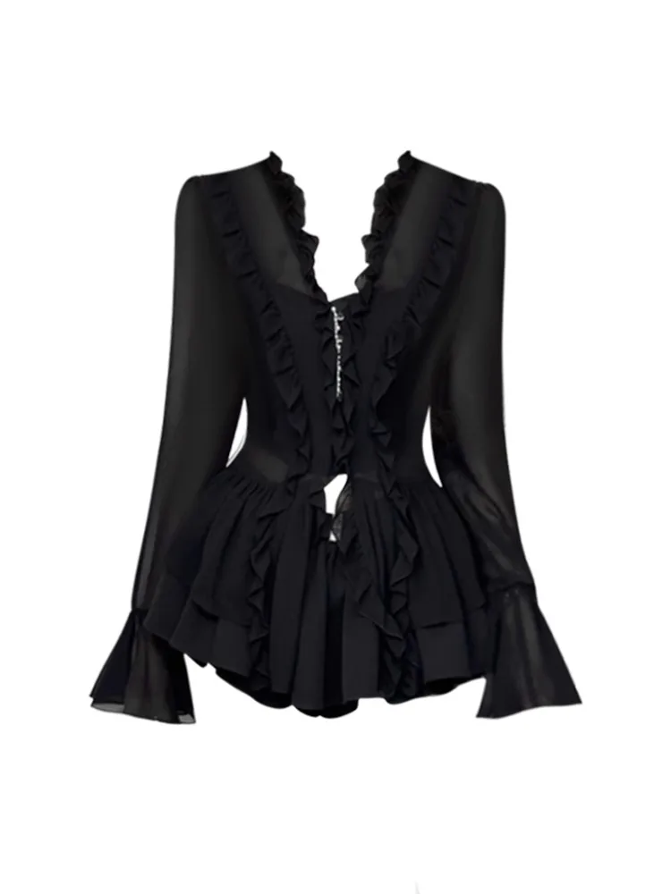 

Sexy Pure Desire Women's Autumn 2025 New Blouse Inner Wear Skirt Tee-Piece Set Floral Lace Splicing Long Sve French Sle