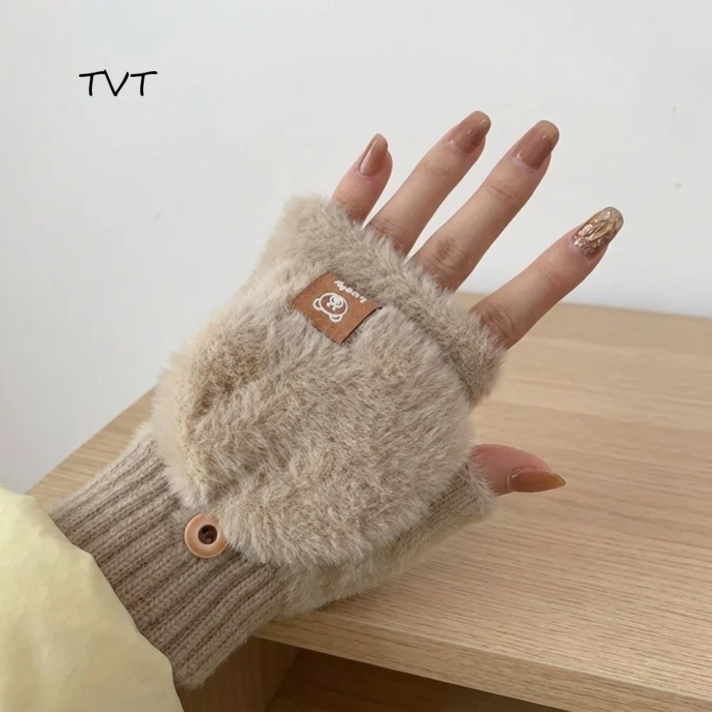 Korean Style Soft Plush Flip Cover Gloves Fuzzy Warm Half Finger Gloves Touch Screen Bear Convertible Mittens Women