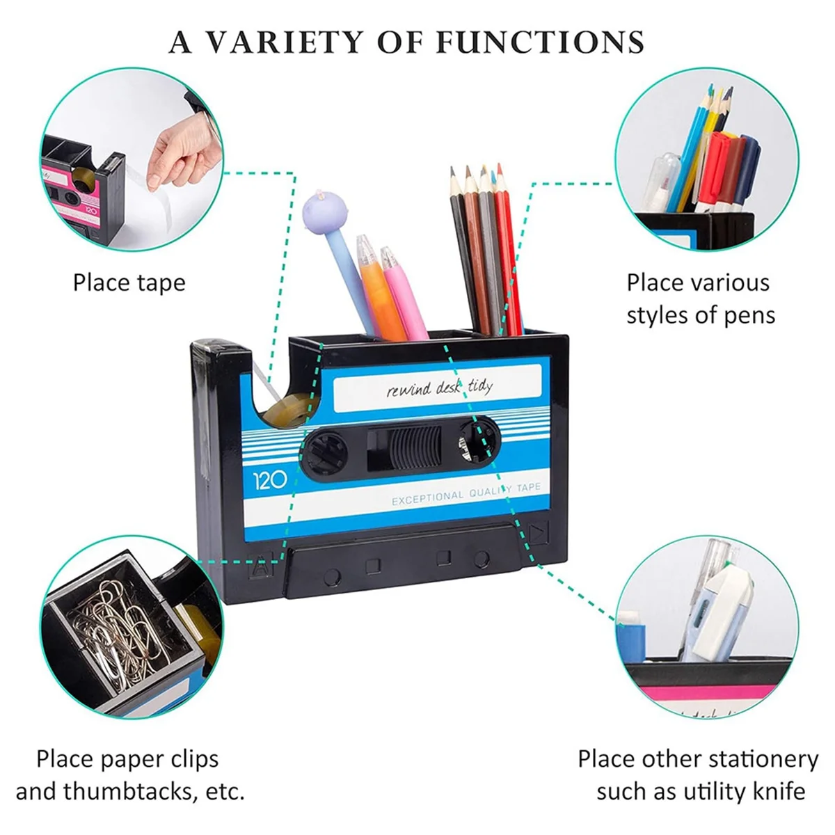 Porte-stylo distributeur de ruban adhésif, rétro, cassette, fournitures de bureau, drôle, mignon, bleu-noir