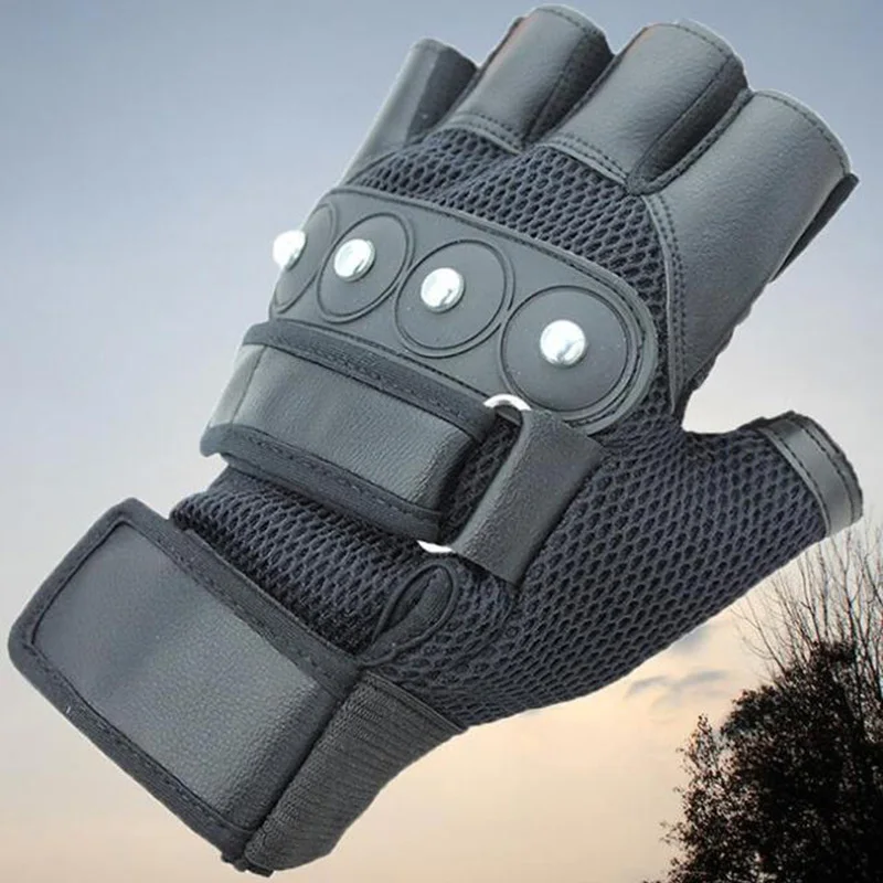 Men Women\'s Summer Outdoor Sport Half Finger Non-Slip Bicycle Cycling Glove Breathable Mesh Punk Rivets Bracer Mitten G48