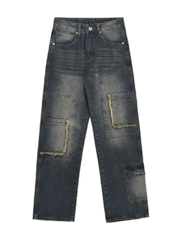 Jeans Vintage abbigliamento da uomo pantaloni dritti Cargo tinta unita con pantaloni larghi con bottoni multitasche con bordo grezzo A003