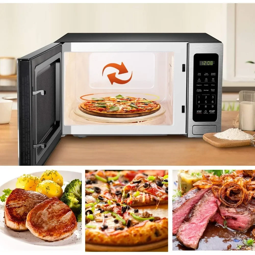 Forno Microondas Digital com mesa giratória, porta de botão, trava de segurança para crianças, aço inoxidável, 1,4 pés cúbicos, EM036AB14