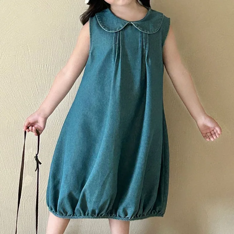 Korean Baby Girl Dress Summer Children's Doll Collar Denim Dress Birthday Dress Kids Clothes