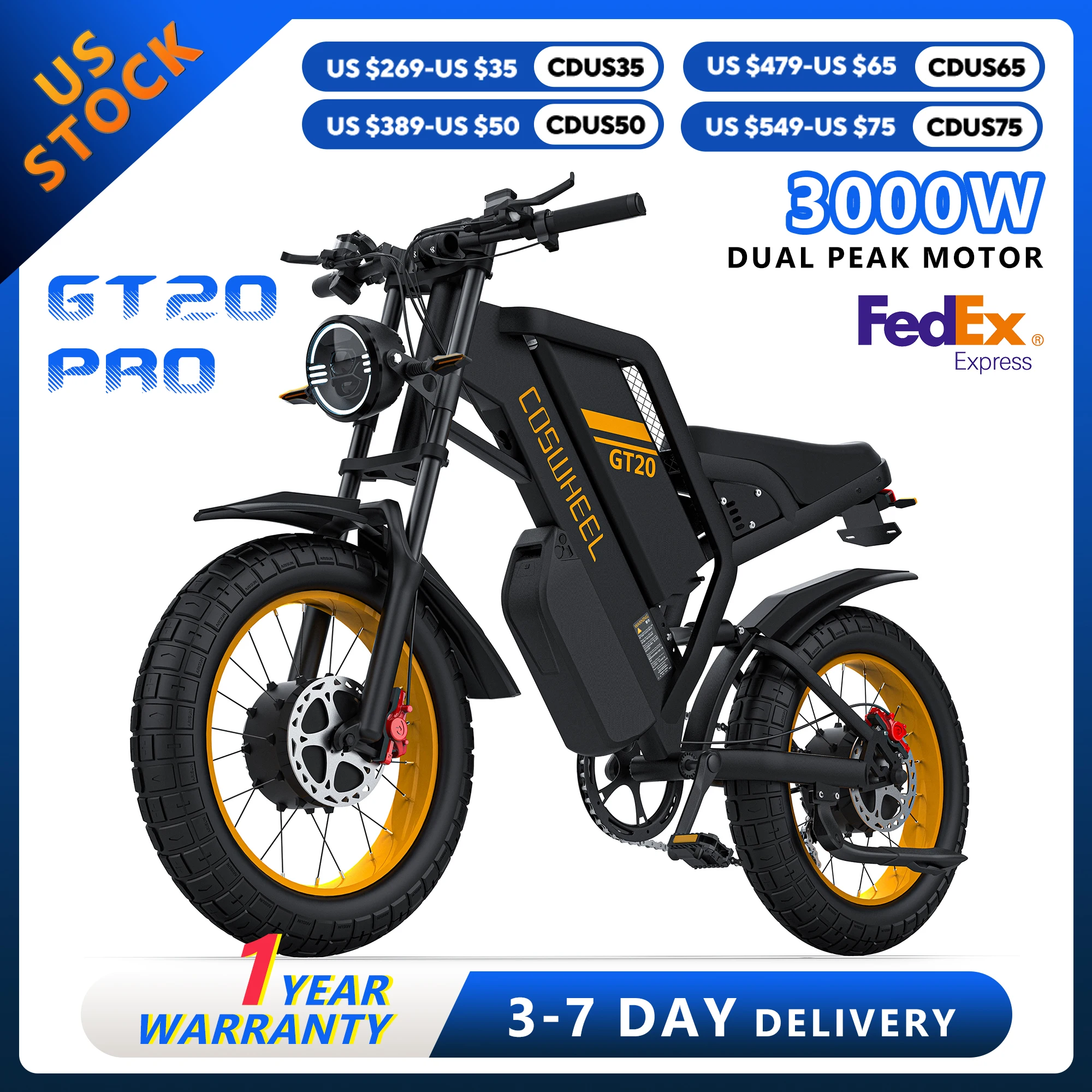 

COSWHELL E велосипед GT20 Pro 3000 Вт пиковый электрический двойной мотоцикл 48V40AH горный электрический велосипед для взрослых внедорожный 20-дюймовый велосипед с толстыми шинами