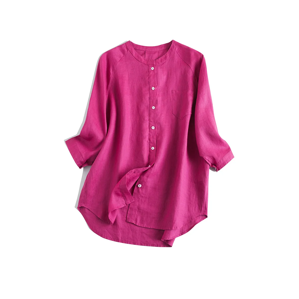 

Pure Linen Shirt, Women Raglan Sleeve, Soft, Shiny, Simple And Artistic Stand Collar, Three Quarter Sleeve, Sun Protection Top