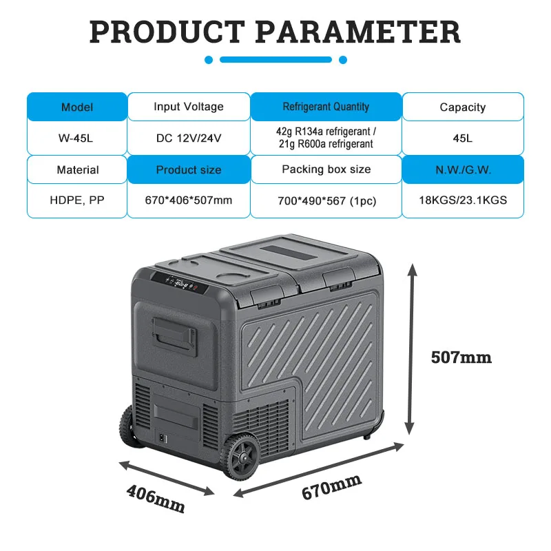 45L Wheeled 12V 24V Car Refrigerator Dual Zone Car Freezer Electric Cooler with Smart Control Panel for Camping Fishing
