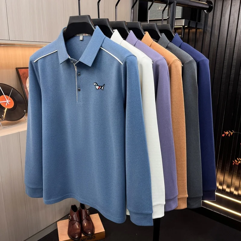 Luxuriöses Herren-Poloshirt mit Stickerei-Print, Herbst-Neuheit, einfarbig, langärmelig, mit Kragen, Business-Casual-Herrenbekleidung – Detail 1