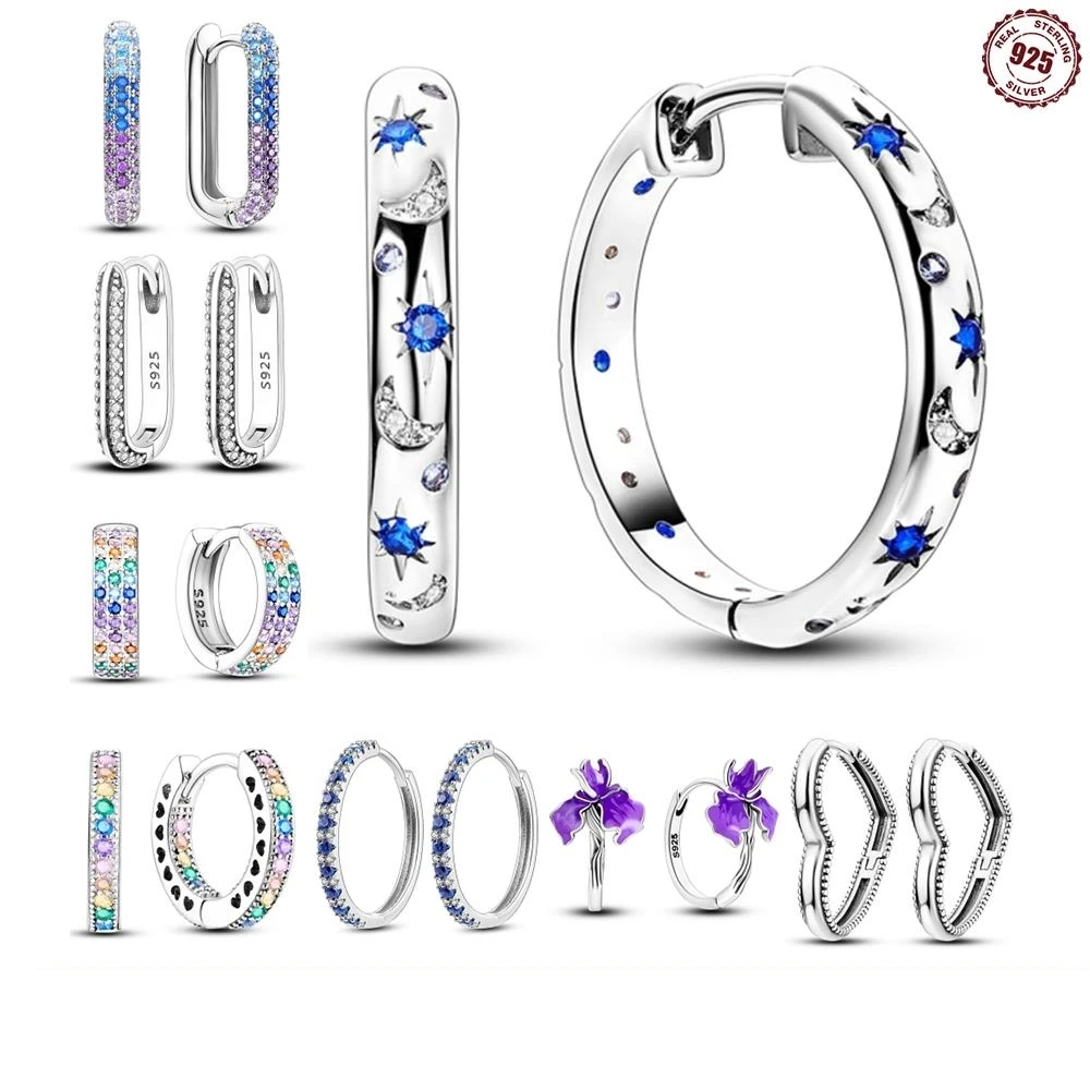 

Real 925 Sterling Silver Pave U Shape Heart Star Earring Hoop Earrings for Women Jewelry Wedding Engagement Birthday Gift