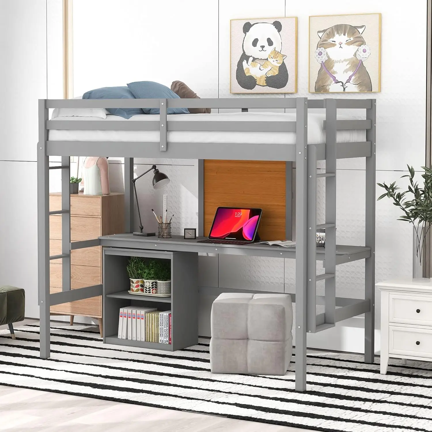 Size Loft Bed with Desk and Writing Board,Wooden LoftBed Frame with Desk & 2 Drawers Cabinet,for Kids,Boys,Girls,Teens,Gray