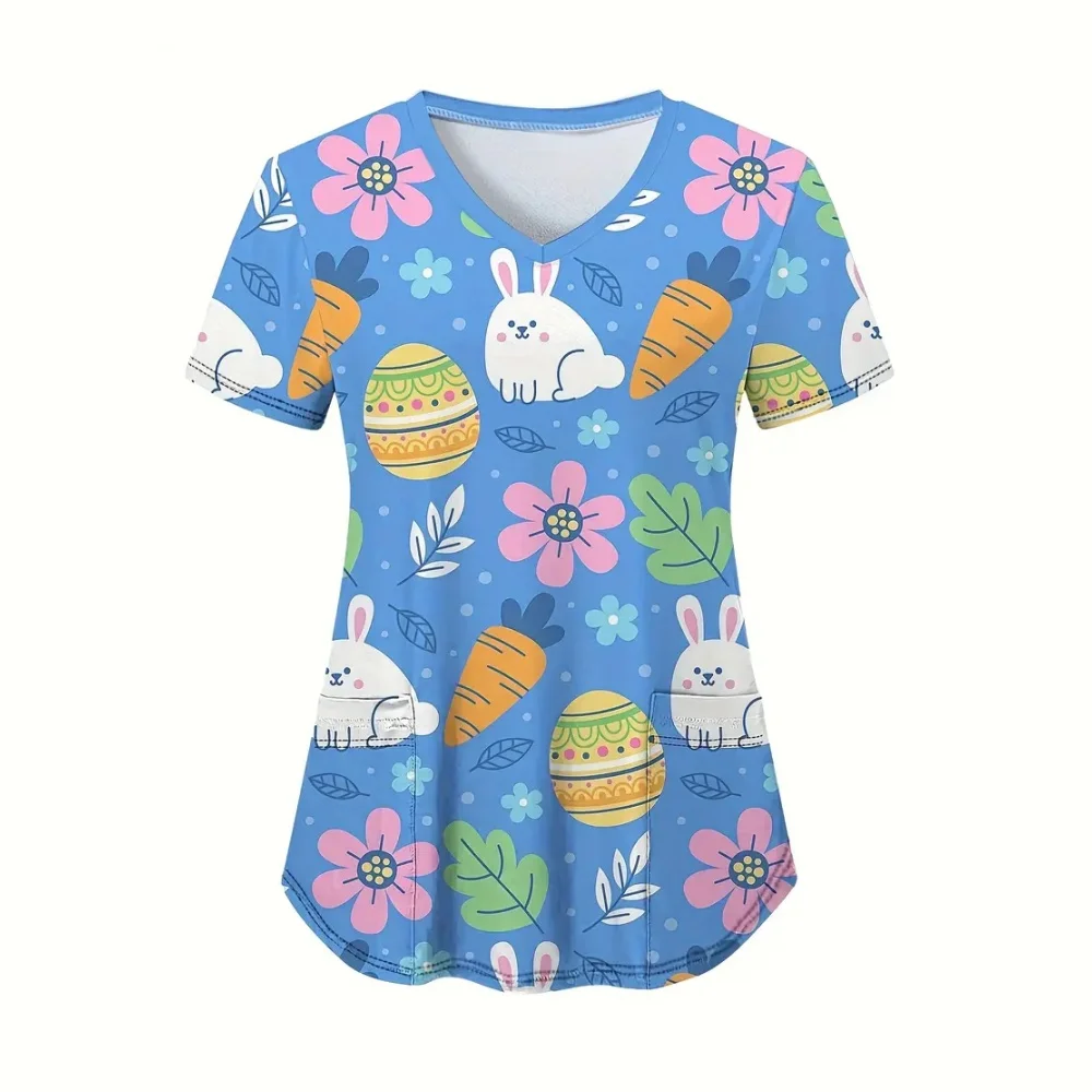 

Cute Rabbit Cartoon Print Clinical Uniform Woman Microelastic V-Neck Clinical Uniform Summer Short Sleeve Scrubs Uniform Woman
