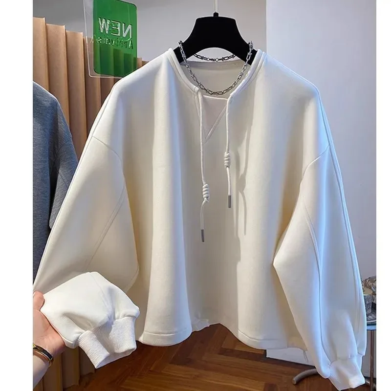 

Чувствительный дизайн нишевый свитшот с круглым вырезом на шнурке для женщин, осень 2024, новый свободный повседневный универсальный пуловер, топ