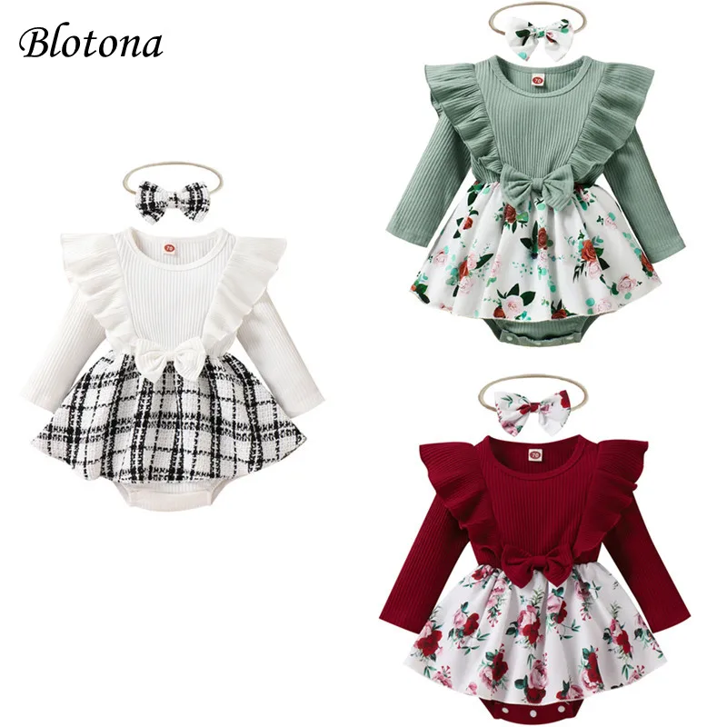 

Blotona Baby Girls Romper Dress Set Casual Ruffle Long Sleeve Plaid Flora Print Patchwork Jumpsuits + Headband, 0-24Months