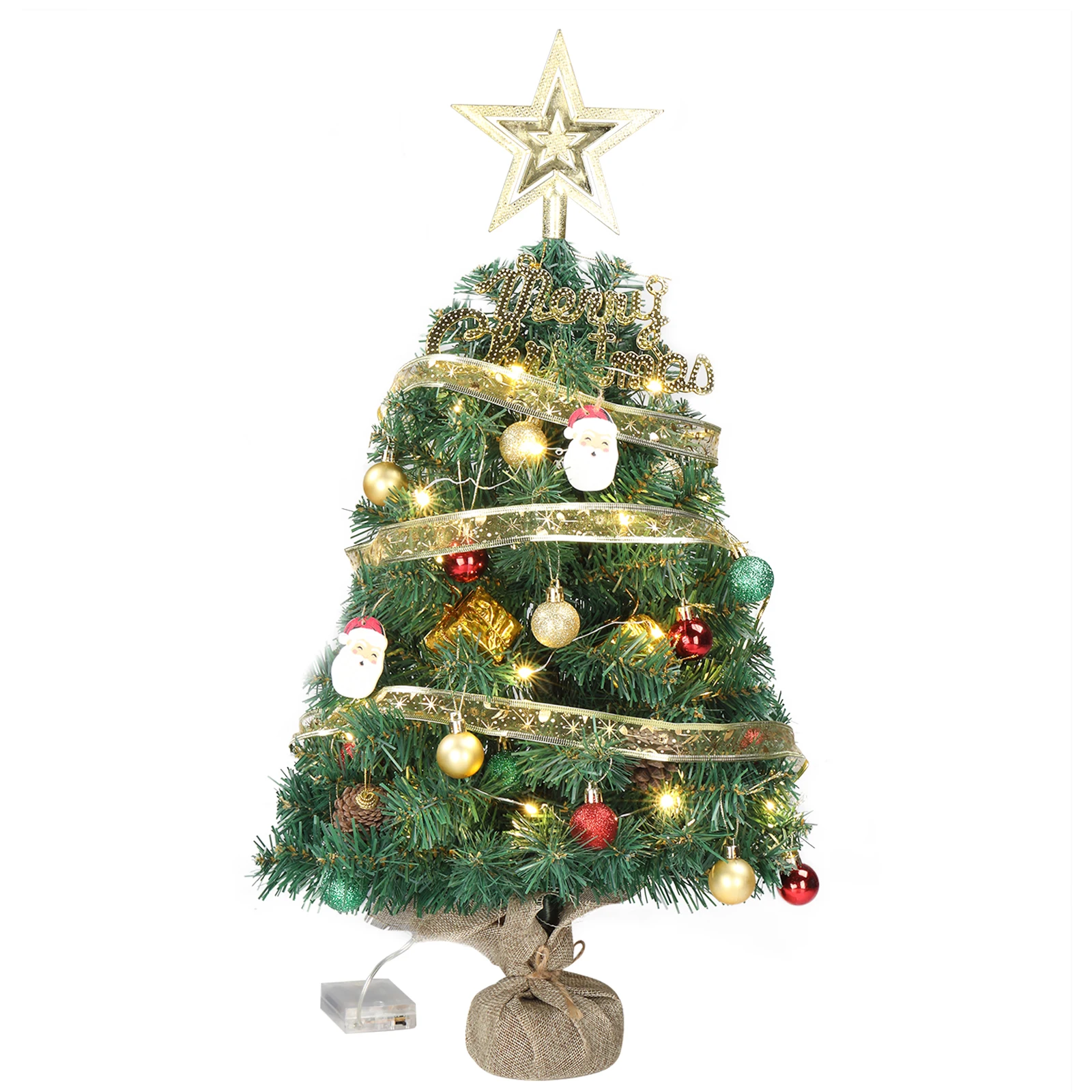 20 in Pre-lit Artificial Mini Christmas Tree, Tabletop Small Xmas Pine Tree with Ornaments and 30 Warm Lights Battery Operated