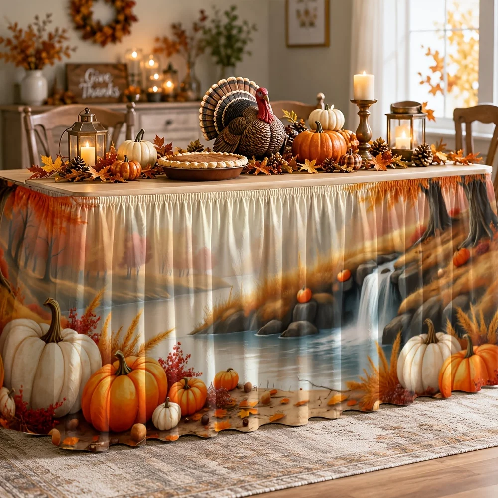 Table skirt / tableskirt - 1 piece. Table skirt. Autumn harvest. Pumpkin forest, stream and waterfall scene..zyc