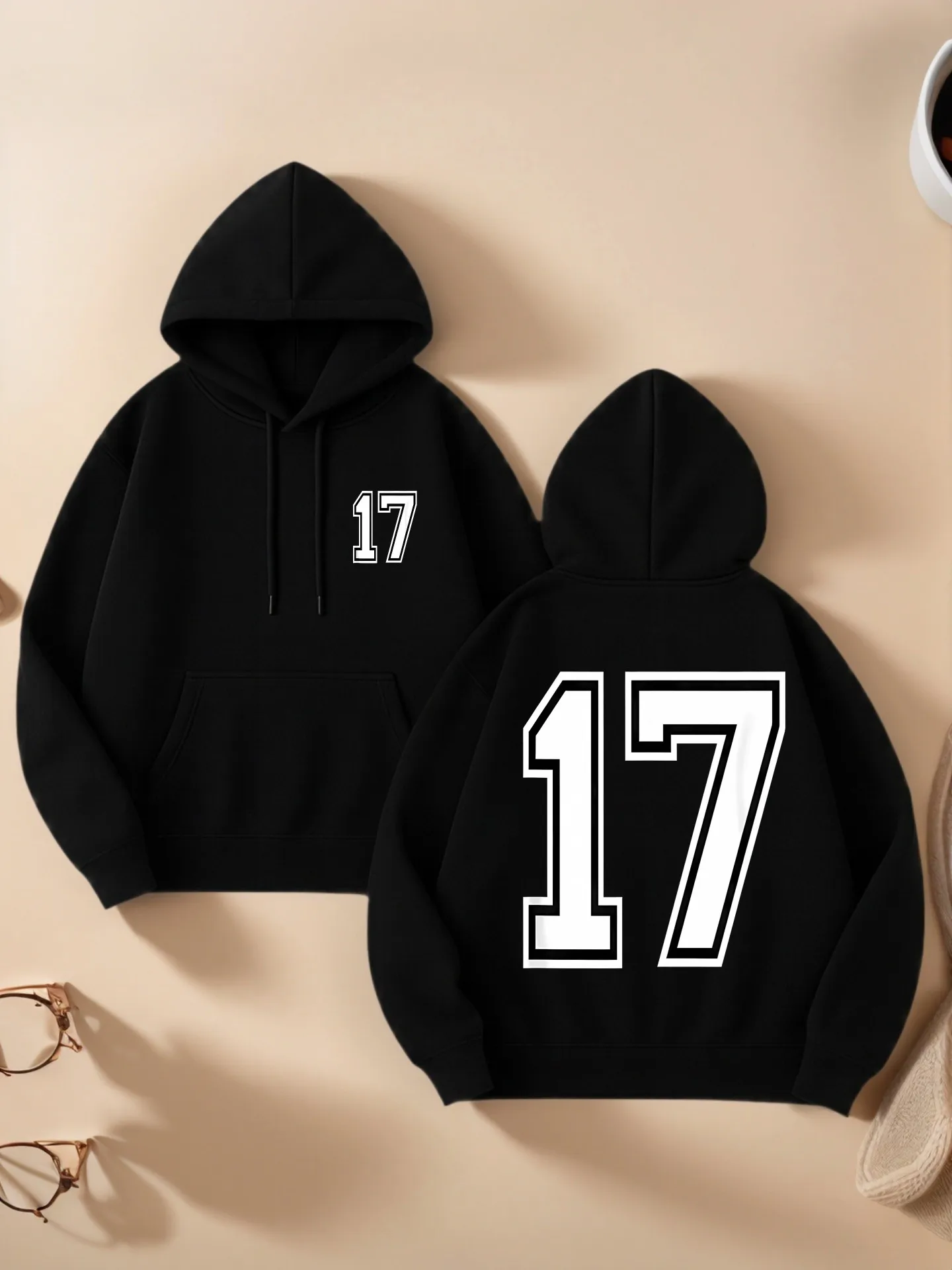 

Graphic Hoodie Women, Number 17 Print, Casual Streetwear, Soft Fabric, Casual Everyday Wear, For Young Men