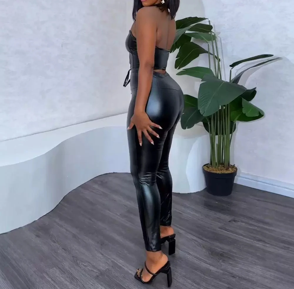 Summer 2024 PU Leather Sexy Strap Tight Strapless Top Two Piece Set Woman High Waist Tight Fitting Small Foot Leather Pants Suit