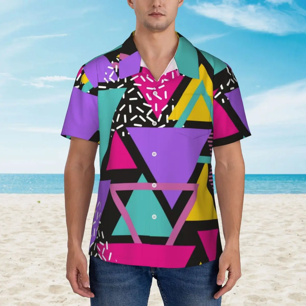 

Abstract Geometry Beach Shirt Memphis Triangles Hawaiian Casual Shirts Men Novelty Blouses Short Sleeve Fashion Graphic Clothing