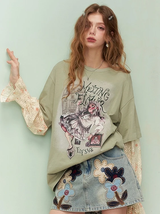 Retro American Style Long Sleeve T-Shirt Lace Print Patchwork Design Sensation Summer New Style Fake Two-Piece Women's Top