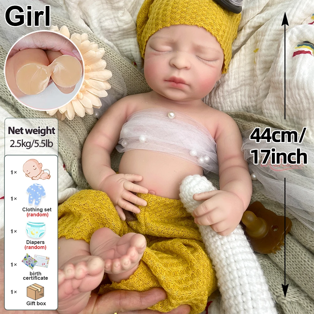 Boneca renascida de silicone de boca aberta macia completa acolhedora 44cm Modelo de arte do bebê artesanal Textura realista para design artístico