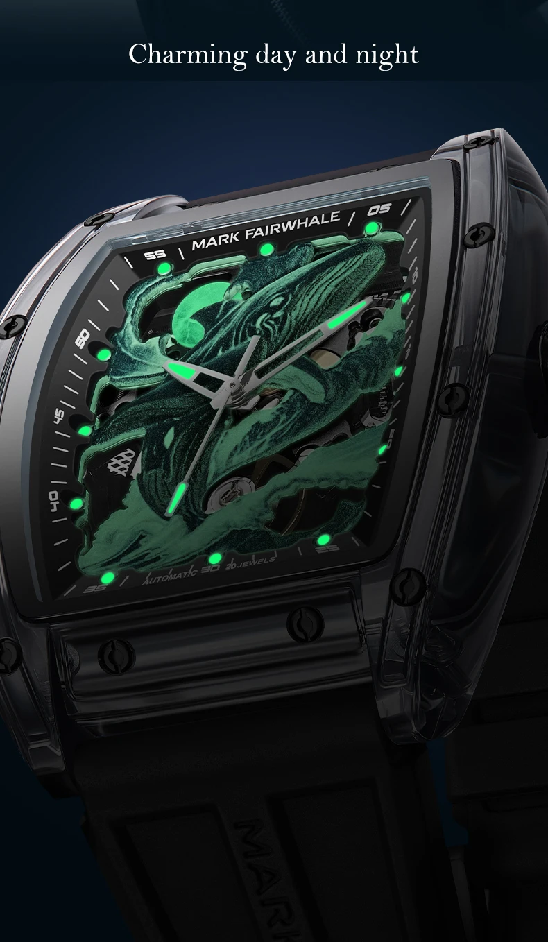 Mark Fairwhale Men Automatic Watch 46mm Transparent Acrylic Tonneau Case Mechanical Wristwatch 3ATM Waterproof Luminous